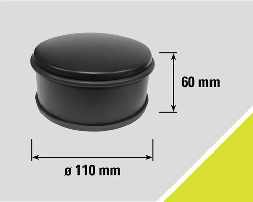 Černý dveřní doraz o průměru 110 milimetrů a výšce 60 milimetrů.