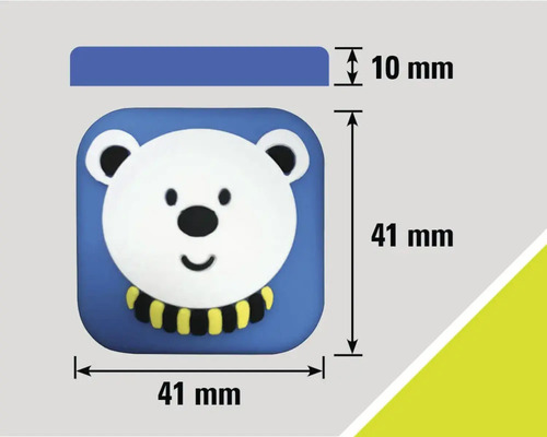 Rozměry nábytkového knoflíku s motivem medvěda: 41 mm x 41 mm, tloušťka 10 mm