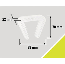 Upevňovací klip s rozměry 22 mm, 70 mm a 88 mm.