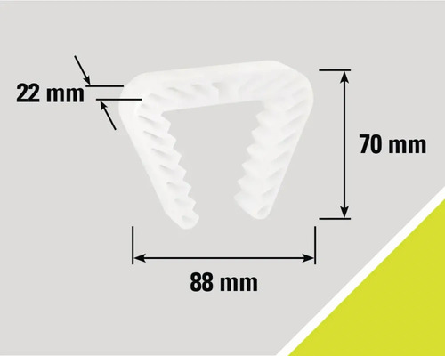 Upevňovací klip s rozměry 22 mm, 70 mm a 88 mm.