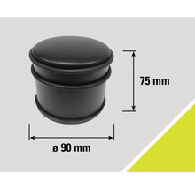 Černý dveřní doraz o rozměrech 75 mm na výšku a 90 mm v průměru.