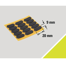 Samolepicí nábytkové kluzáky o rozměrech devět krát dvacet milimetrů na nosném listu.