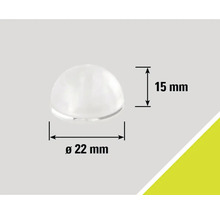 Polokulovitý kluzák na nábytek o rozměrech 22 milimetrů v průměru a 15 milimetrů na výšku