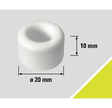 Bílá zarážka dveří o rozměrech 20 mm v průměru a 10 mm na výšku.