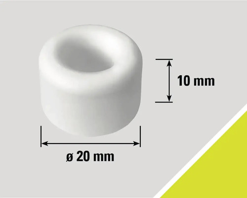 Bílá zarážka dveří o rozměrech 20 mm v průměru a 10 mm na výšku.