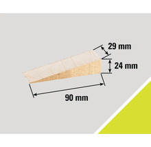 Dřevěný klín o rozměrech 90 mm délka, 24 mm výška a 29 mm šířka.