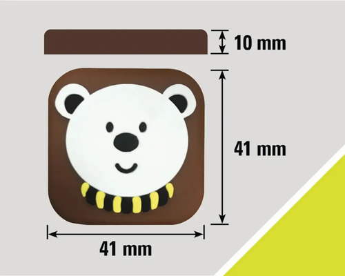 Rozměry dveřní zarážky s motivem medvěda: 41 mm x 41 mm x 10 mm