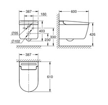 Technický výkres závěsného WC s rozměry