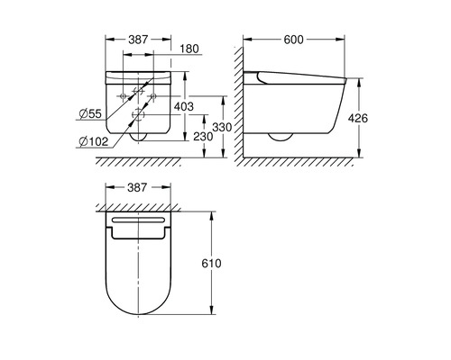 Technický výkres závěsného WC s rozměry