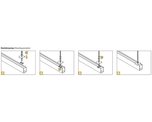Montážní postup pro lištu ve čtyřech krocích.