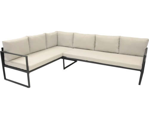 Zahradní rohová lavice s kovovým rámem a čalouněním