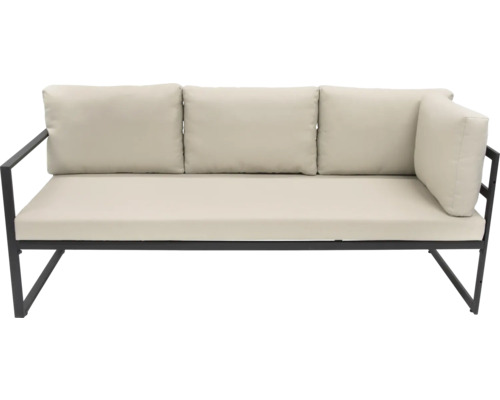 Venkovní pohovka s kovovým rámem a sedacími a opěrnými polštáři