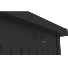 Detailní pohled na zahradní kůlnu s větracími štěrbinami