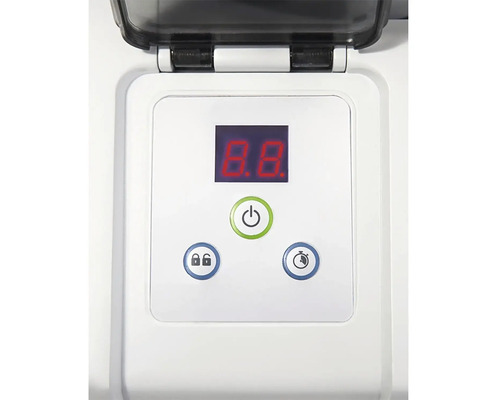 Ovládací panel s digitálním displejem, tlačítkem zapnutí a vypnutí, dětskou pojistkou a funkcí časovače