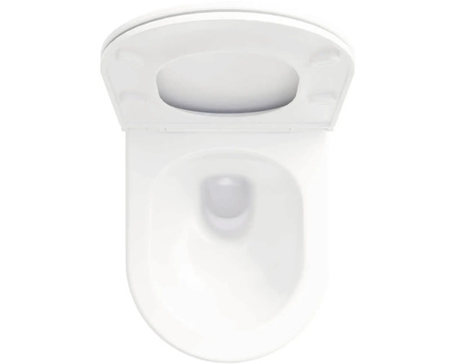 Bílá toaleta s otevřeným záchodovým prkénkem shora.