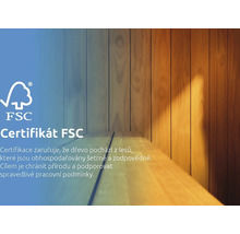 Logo FSC. Certifikát FSC znamená, že dřevo pochází z lesů, které jsou obhospodařovány šetrně a odpovědně. Cílem je chránit přírodu a podporovat spravedlivé pracovní podmínky.