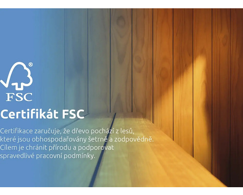Logo FSC. Certifikát FSC znamená, že dřevo pochází z lesů, které jsou obhospodařovány šetrně a odpovědně. Cílem je chránit přírodu a podporovat spravedlivé pracovní podmínky.