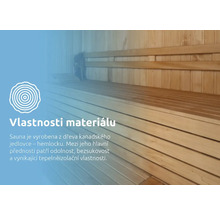 Sauna s dřevěnými lavicemi a informacemi o vlastnostech materiálu