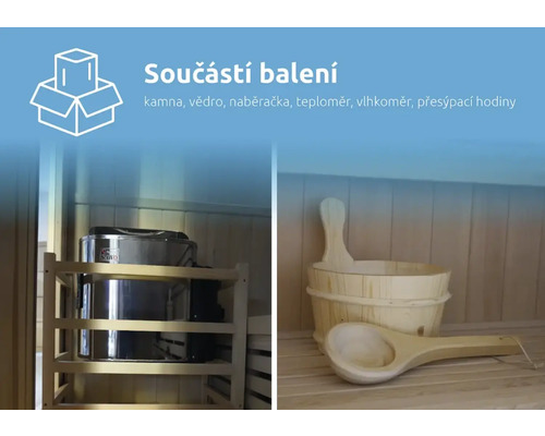 Saunová kamna, dřevěný kbelík a dřevěná naběračka v sauně