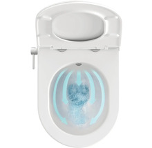 Bílé sprchové WC s otevřeným víkem a funkcí splachování