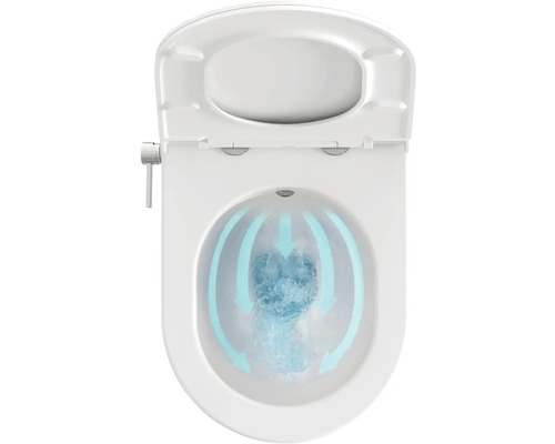 Bílé sprchové WC s otevřeným víkem a funkcí splachování