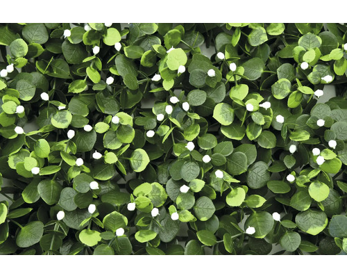 Umělá rostlinná stěna s eukalyptem a bílými květy