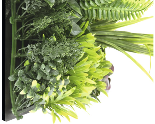 Umělá rostlinná stěna s různými druhy zelených rostlin.