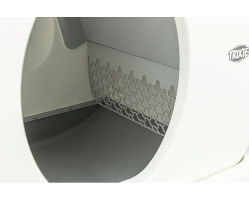 Vnitřní pohled na kočičí toaletu se sítem a logem Trixie.