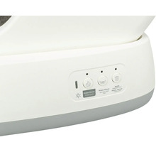 Ovládací panel samočisticí kočičí toalety s tlačítky pro čisticí cyklus, rozprostření steliva a dětskou pojistku.