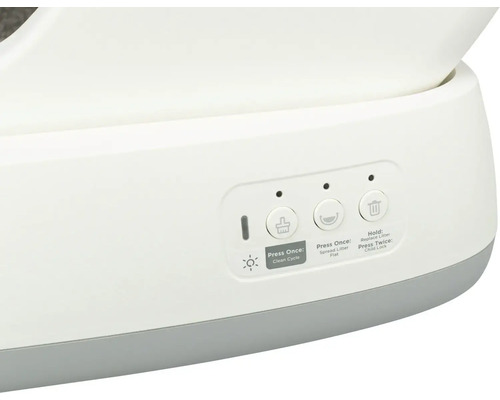 Ovládací panel samočisticí kočičí toalety s tlačítky pro čisticí cyklus, rozprostření steliva a dětskou pojistku.