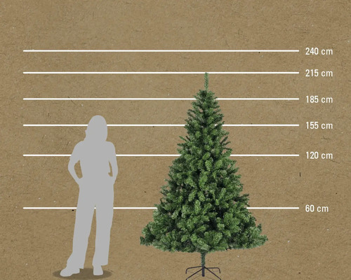 Ilustrace umělého vánočního stromku s uvedením rozměrů od 60 cm do 240 cm