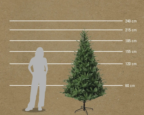 Porovnání velikostí umělého vánočního stromku s ženou a údaji o velikosti