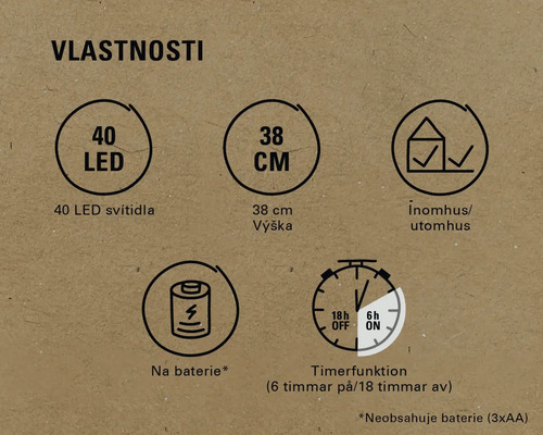 Vlastnosti: 40 LED, výška 38 cm, vhodné pro vnitřní i venkovní použití, napájení na baterie, funkce časovače