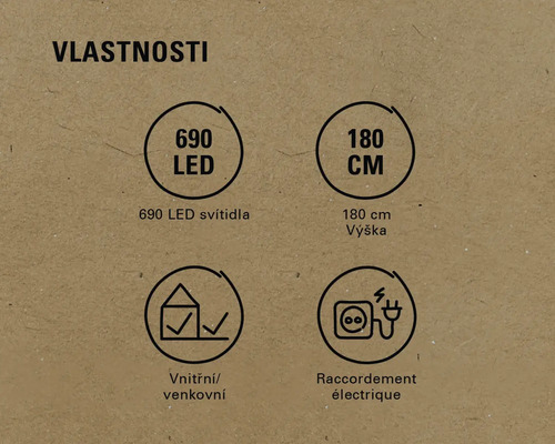 Vlastnosti produktu: 690 LED, výška 180 centimetrů, vhodné pro vnitřní i venkovní použití, elektrické připojení