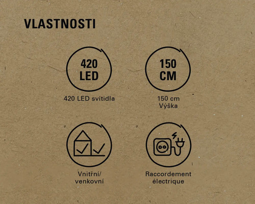 Vlastnosti produktu: 420 LED, výška 150 cm, vhodné pro vnitřní i venkovní použití, elektrické připojení