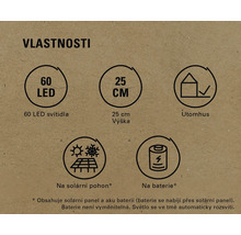 Vlastnosti: 60 LED, výška 25 cm, vhodné pro venkovní použití, solární pohon, bateriový pohon