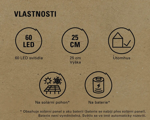 Vlastnosti: 60 LED, výška 25 cm, vhodné pro venkovní použití, solární pohon, bateriový pohon