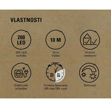 Vlastnosti: 200 LED diod, výška 10 metrů, vnitřní i venkovní použití, elektrické připojení, funkce časovače (6 hodin zapnuto, 18 hodin vypnuto), stmívatelné