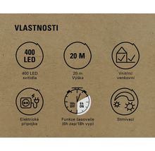 Vlastnosti produktu: 400 LED, délka 20 metrů, pro vnitřní i venkovní použití, elektrická přípojka, funkce časovače (6 hodin zapnuto, 18 hodin vypnuto), stmívatelné