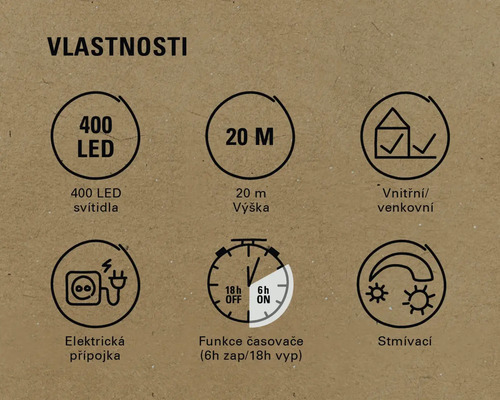 Vlastnosti produktu: 400 LED, délka 20 metrů, pro vnitřní i venkovní použití, elektrická přípojka, funkce časovače (6 hodin zapnuto, 18 hodin vypnuto), stmívatelné