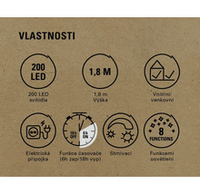 Vlastnosti produktu: 200 LED diod, výška 1,8 metru, vnitřní i venkovní použití, elektrické připojení, funkce časovače, funkce stmívání, 8 světelných funkcí