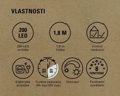 Vlastnosti produktu: 200 LED diod, výška 1,8 metru, vnitřní i venkovní použití, elektrické připojení, funkce časovače, funkce stmívání, 8 světelných funkcí