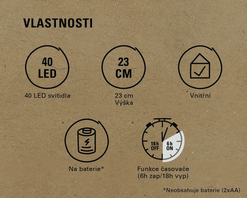 Vlastnosti produktu: 40 LED, výška 23 cm, vhodné do interiéru, napájení na baterie (baterie nejsou součástí balení), funkce časovače (6 hodin zapnuto, 18 hodin vypnuto)