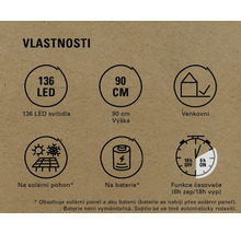 Vlastnosti produktu: 136 LED diod, výška 90 cm, pro venkovní použití, solární pohon, bateriový pohon, funkce časovače