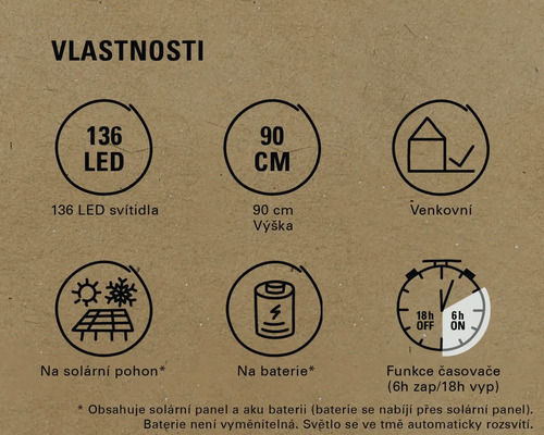 Vlastnosti produktu: 136 LED diod, výška 90 cm, pro venkovní použití, solární pohon, bateriový pohon, funkce časovače