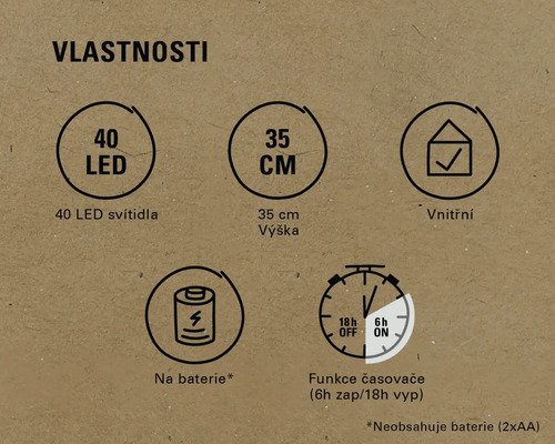 Vlastnosti: 40 LED, výška 35 cm, vhodné pro vnitřní použití, napájení na baterie, funkce časovače