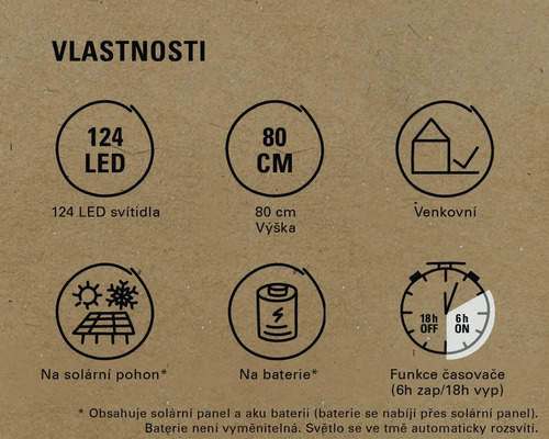 Vlastnosti: 124 LED, výška 80 cm, vhodné pro venkovní použití, solární pohon, bateriový pohon, funkce časovače (6 hodin zapnuto, 18 hodin vypnuto)