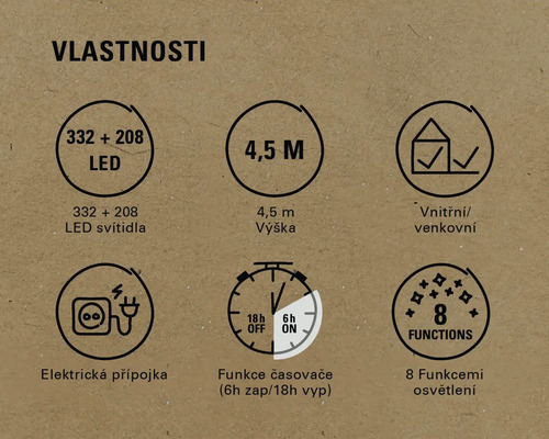 Vlastnosti produktu: LED světla, výška, vhodné pro vnitřní i venkovní použití, síťová přípojka, funkce časovače, funkce osvětlení