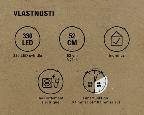 Vlastnosti produktu: 330 LED diod, výška 52 cm, vhodné do interiéru, elektrické připojení, funkce časovače