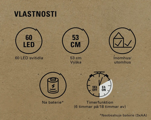 Vlastnosti produktu: 60 LED, výška 53 centimetrů, vhodné pro vnitřní i venkovní použití, funkce časovače, napájení na baterie